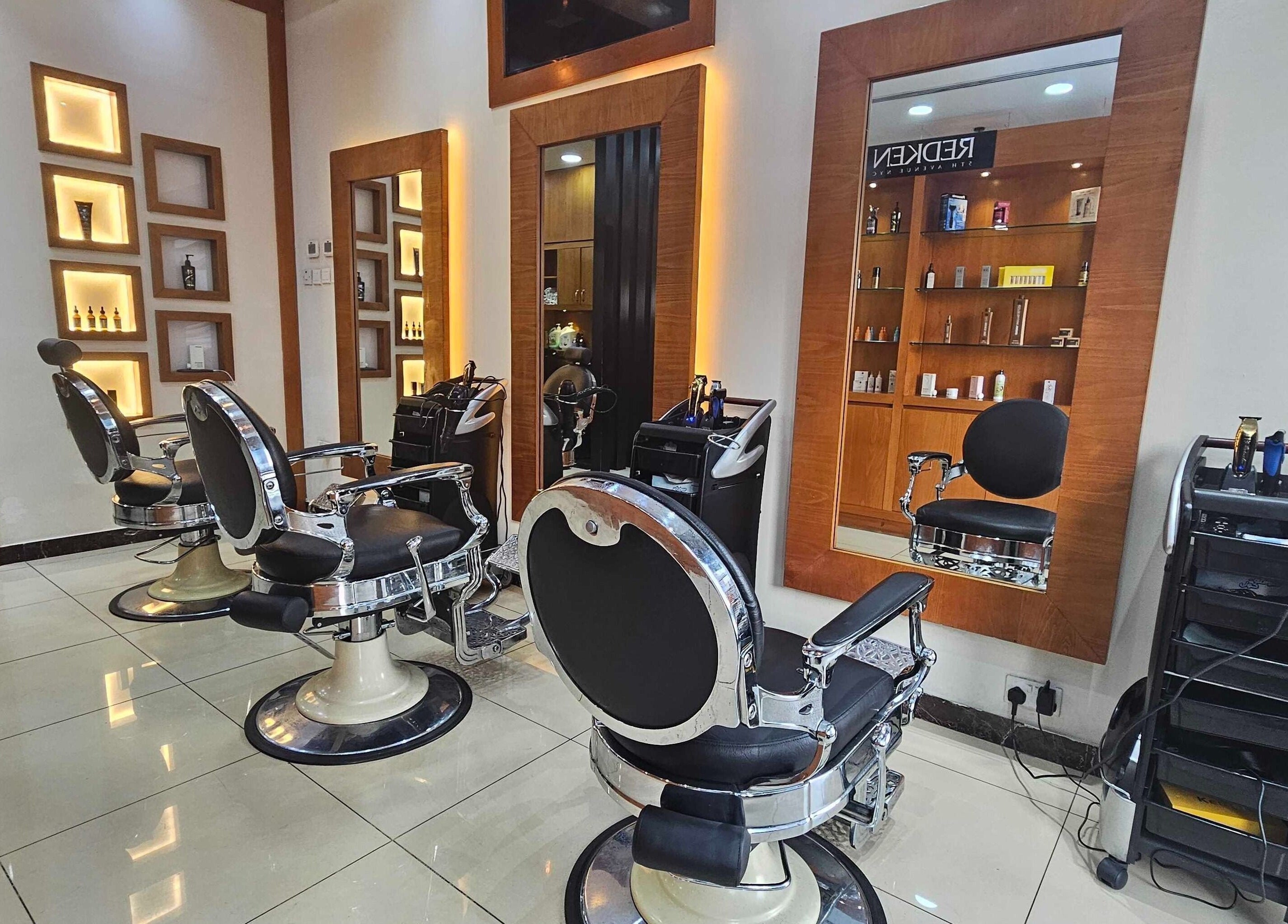 Modern barber chairs at Tornado Gents Salon - Marina, Dubai, Dubai, AE, showcasing sleek style and luxury.