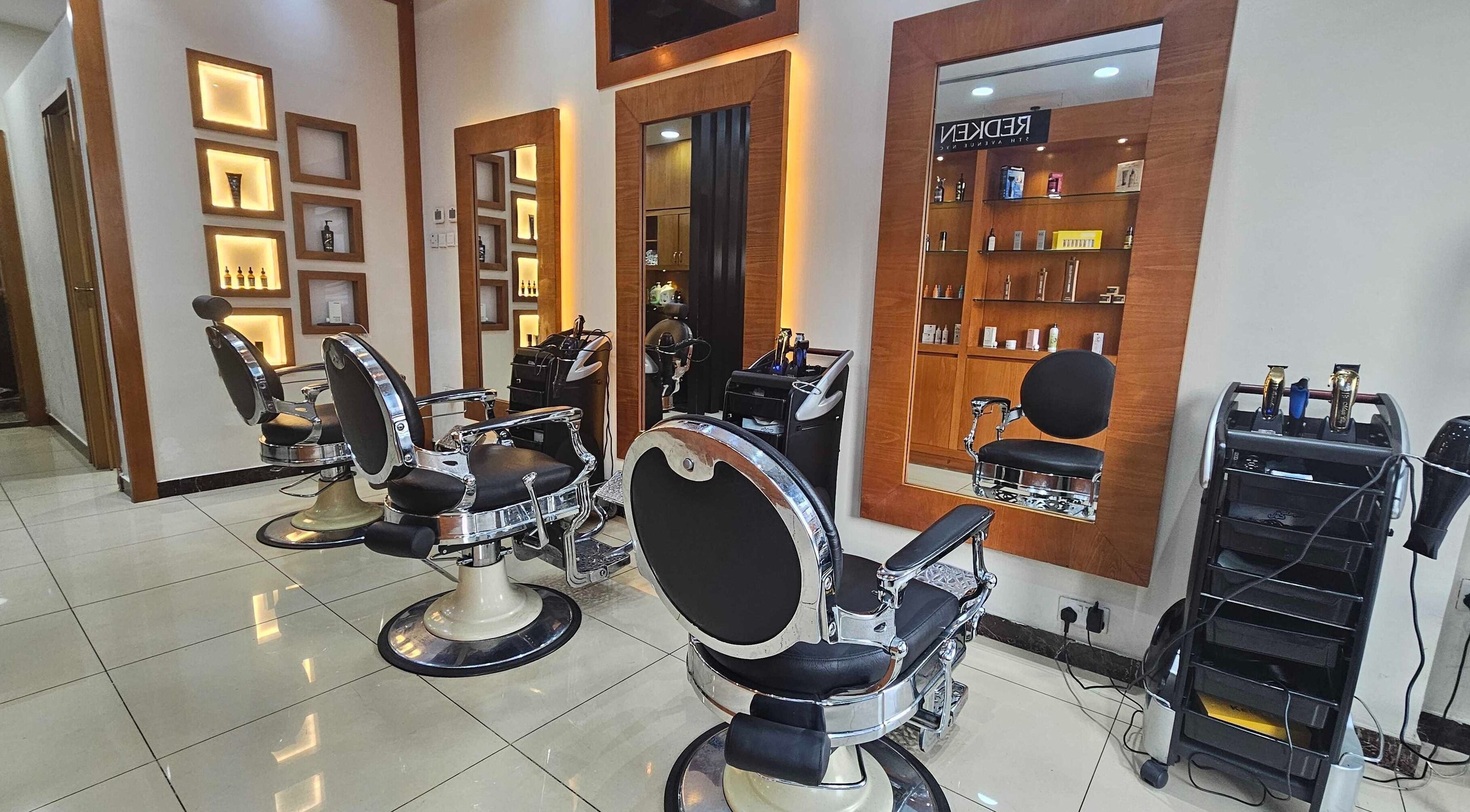 Modern barber chairs at Tornado Gents Salon - Marina, Dubai, Dubai, AE, showcasing sleek style and luxury.