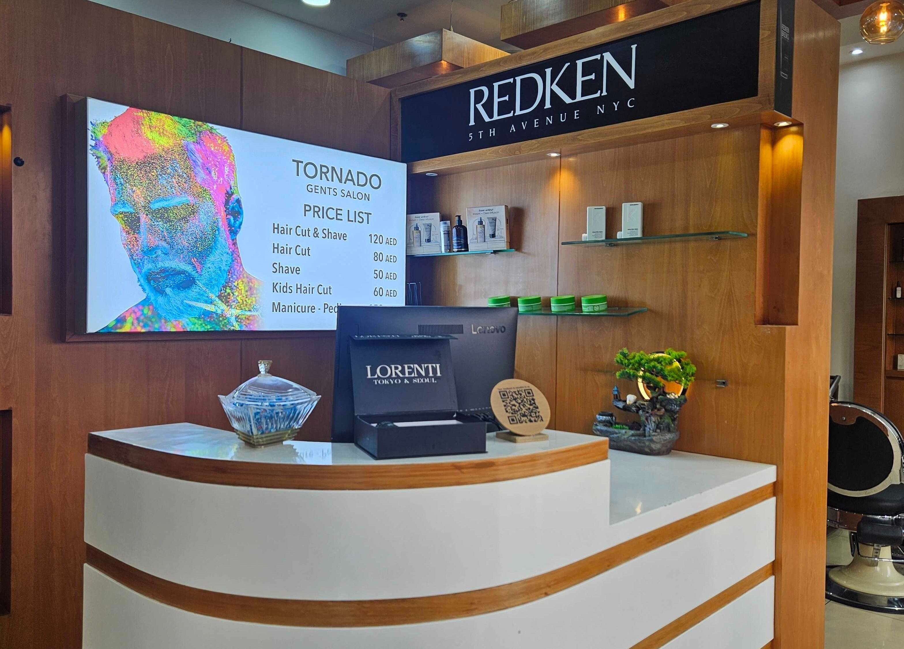 Reception at Tornado Gents Salon - Marina in Dubai, Dubai, AE featuring modern decor and service list.