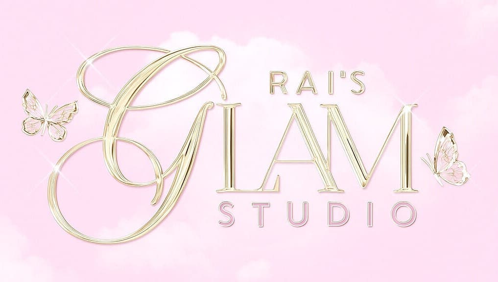 Elegant gold logo of Rai’s Glam Studio on pink background, Nassau, New Providence, BS.