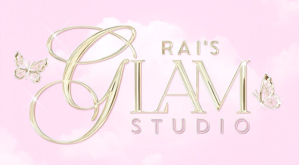 Elegant gold logo of Rai’s Glam Studio on pink background, Nassau, New Providence, BS.
