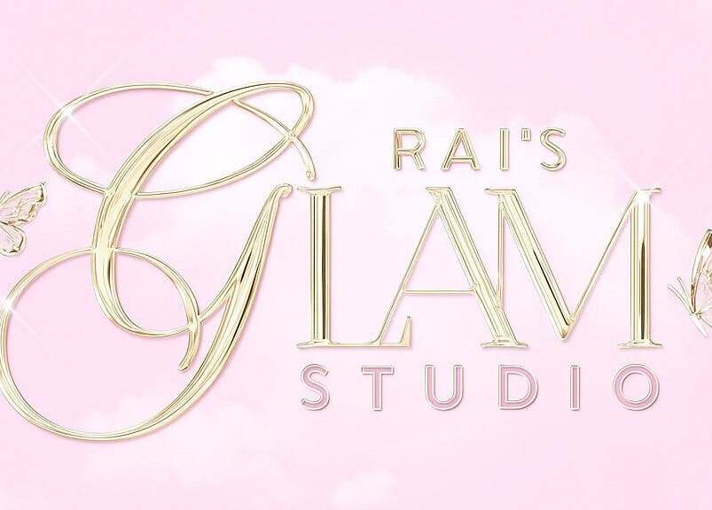 Rai’s Glam Studio logo in gold with butterflies. Located in Nassau, New Providence, BS.