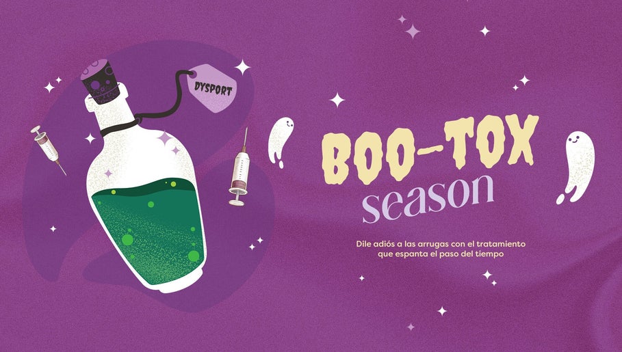 Campaña 'Boo-Tox' en Sea Wellness (Mexicali), Mexicali, Baja California, MX. Fondo púrpura con frasco y jeringa.