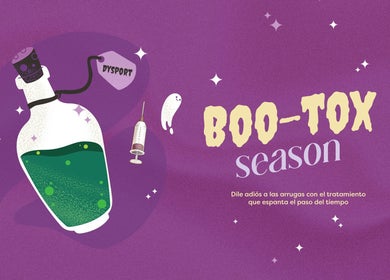 Campaña 'Boo-Tox' en Sea Wellness (Mexicali), Mexicali, Baja California, MX. Fondo púrpura con frasco y jeringa.