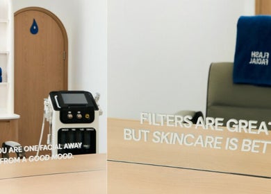 Elegant treatment area at Flash Facial Ladies Salon, Dubai, AE. Aesthetic quotes highlight skincare benefits.