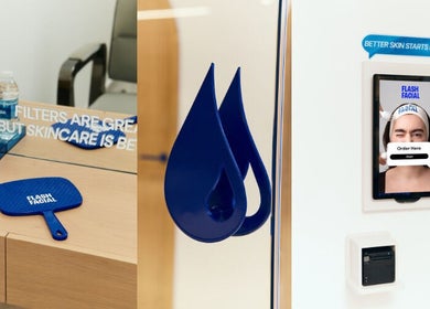 Flash Facial Ladies Salon, Dubai, AE - sleek interior with branding and skincare station, inviting atmosphere.