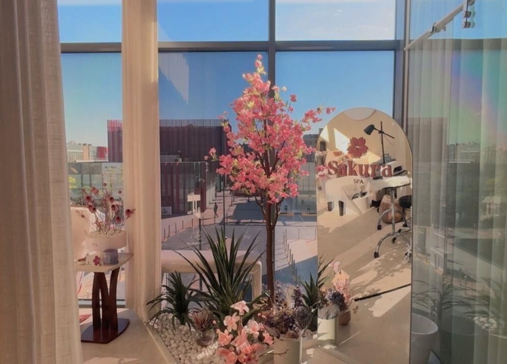Elegant interior of Sakura Spa in Al Khobar, Eastern Province, SA, featuring cherry blossom decor and serene ambiance.