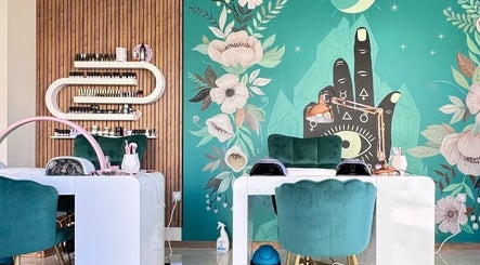 Kazachok nail salon in Sofia City Province, BG with artistic floral mural and chic decor.