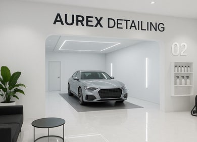 Intérieur moderne d'AUREX DETAILING à Prévessin-moëns, avec voiture élégante dans un espace lumineux.