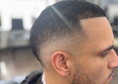 Close-up of a precision fade haircut at First Klass Barbershop in Trenton, New Jersey, US.