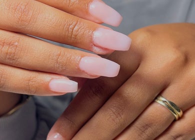 Close-up of manicured nails in light pink at Nails by Han, Cape Town, Western Cape, ZA.