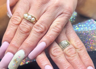 Elegant nail art at Soft Bloom Studio, Springfield Lakes, Queensland, AU with pearl ring detail.