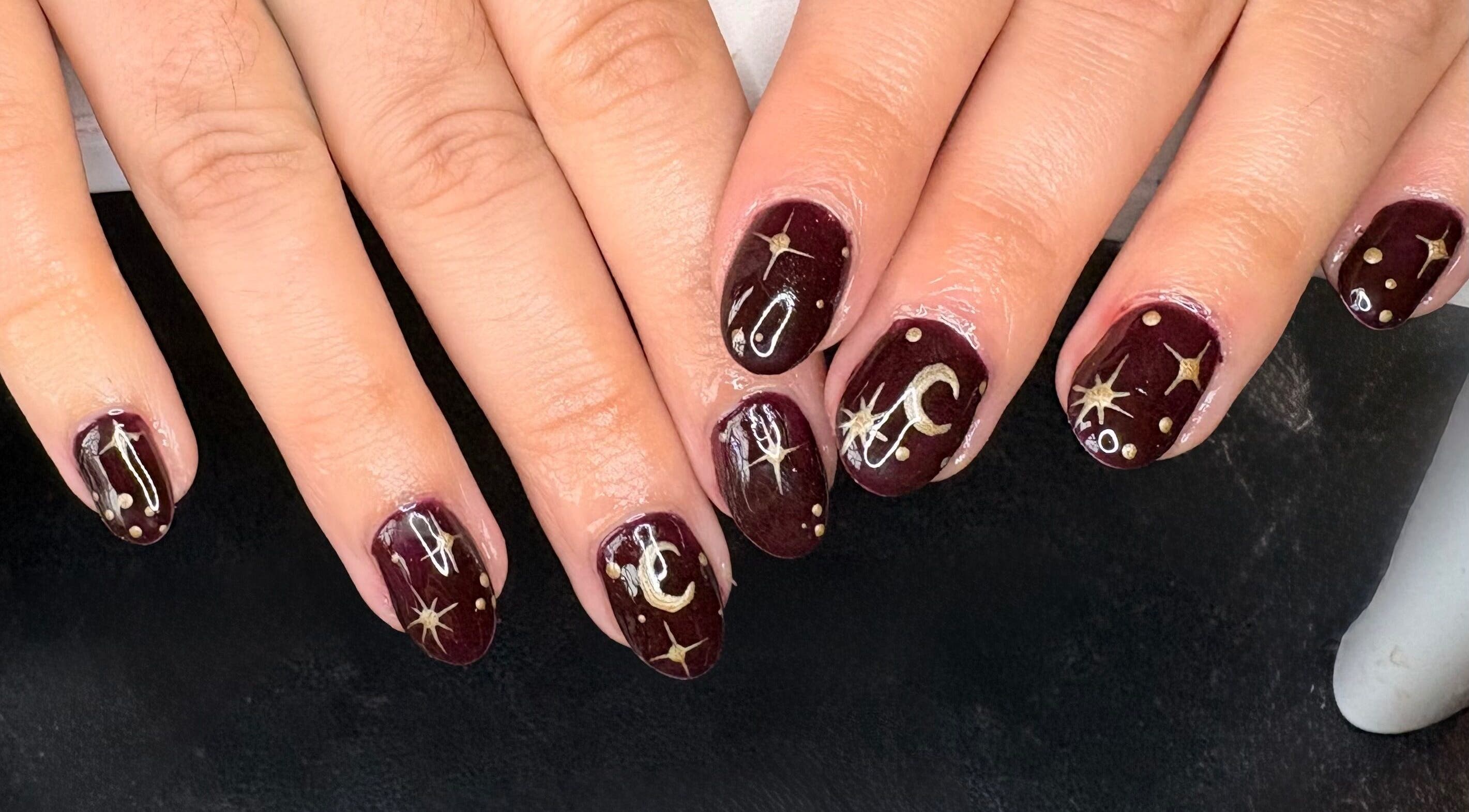 Intricate starry nail art at Nails By Jade Flear, Rugby, England, GB.
