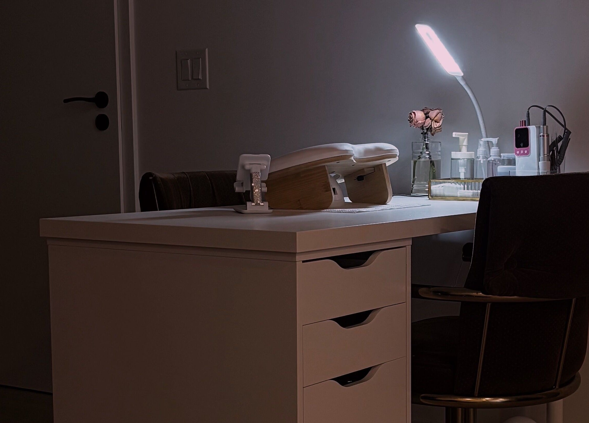 Cozy and elegant nail station at POLISHED ☆ in Steinbach, Manitoba, CA, ready for beauty treatments.