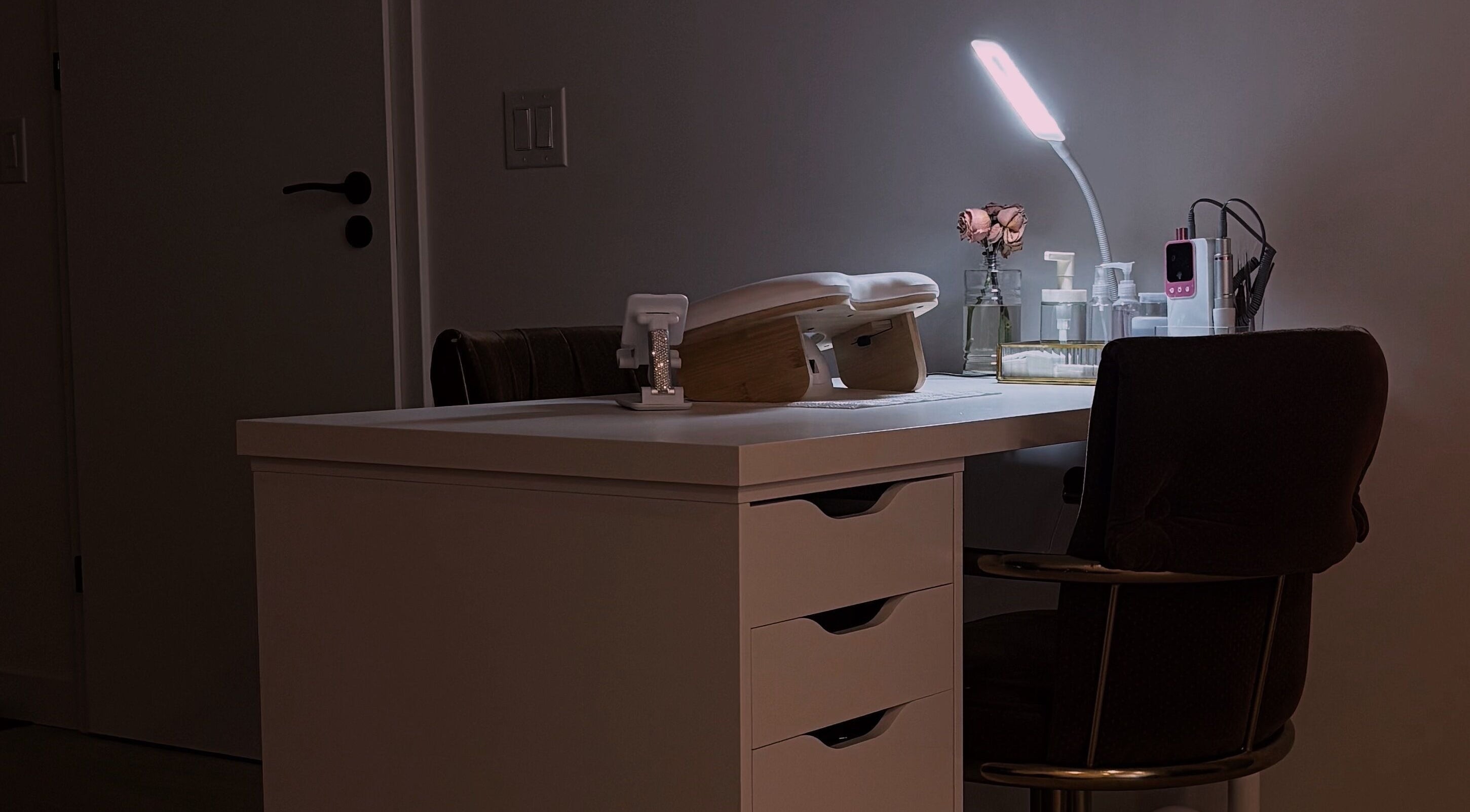 Cozy and elegant nail station at POLISHED ☆ in Steinbach, Manitoba, CA, ready for beauty treatments.