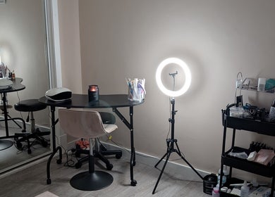 Beauty workspace at Shbeautyfife, Cowdenbeath, Scotland, GB, featuring ring light and manicure tools.