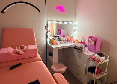 Inviting beauty space at Eyelash extensions tn in Smyrna, Tennessee, US with a vanity full of beauty products.