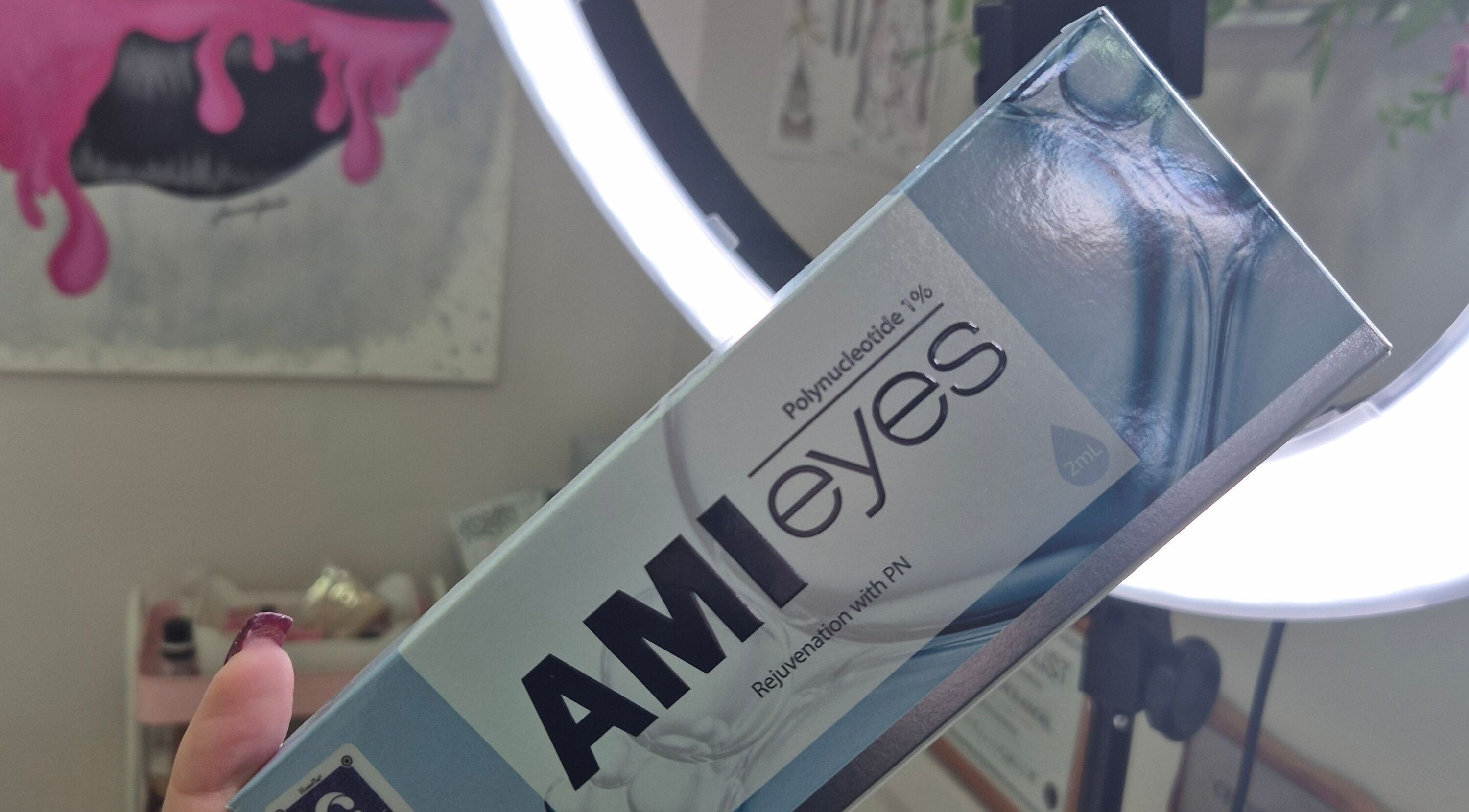 AMI Eyes product box at Aesthetics Angel, Ipswich, England, GB, showcasing rejuvenative solutions.