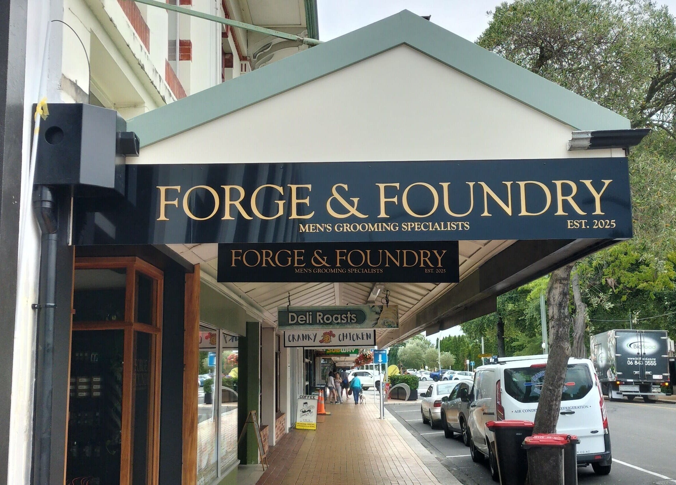 Forge & Foundry men's grooming signage on street in Hastings, Hawke's Bay Region, NZ.