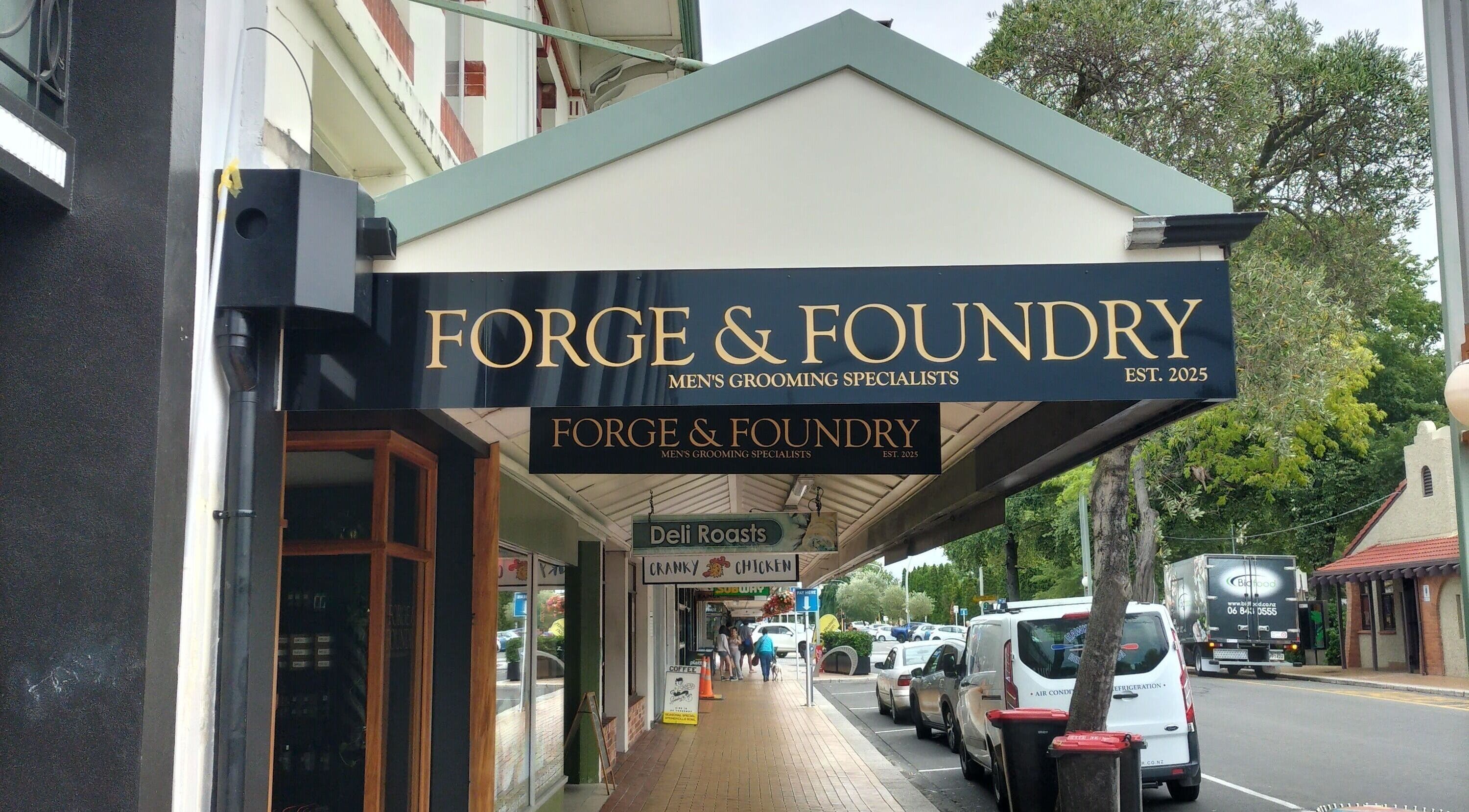 Forge & Foundry men's grooming signage on street in Hastings, Hawke's Bay Region, NZ.