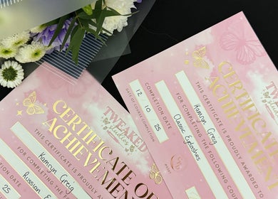 Achievement certificates and bouquet at KMRN.beauty, Cumbernauld, Scotland, GB.