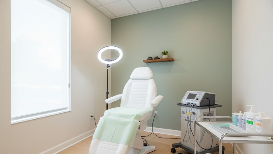 Modern treatment room at Epic Electrology in Roseville, California, US featuring chair and equipment.