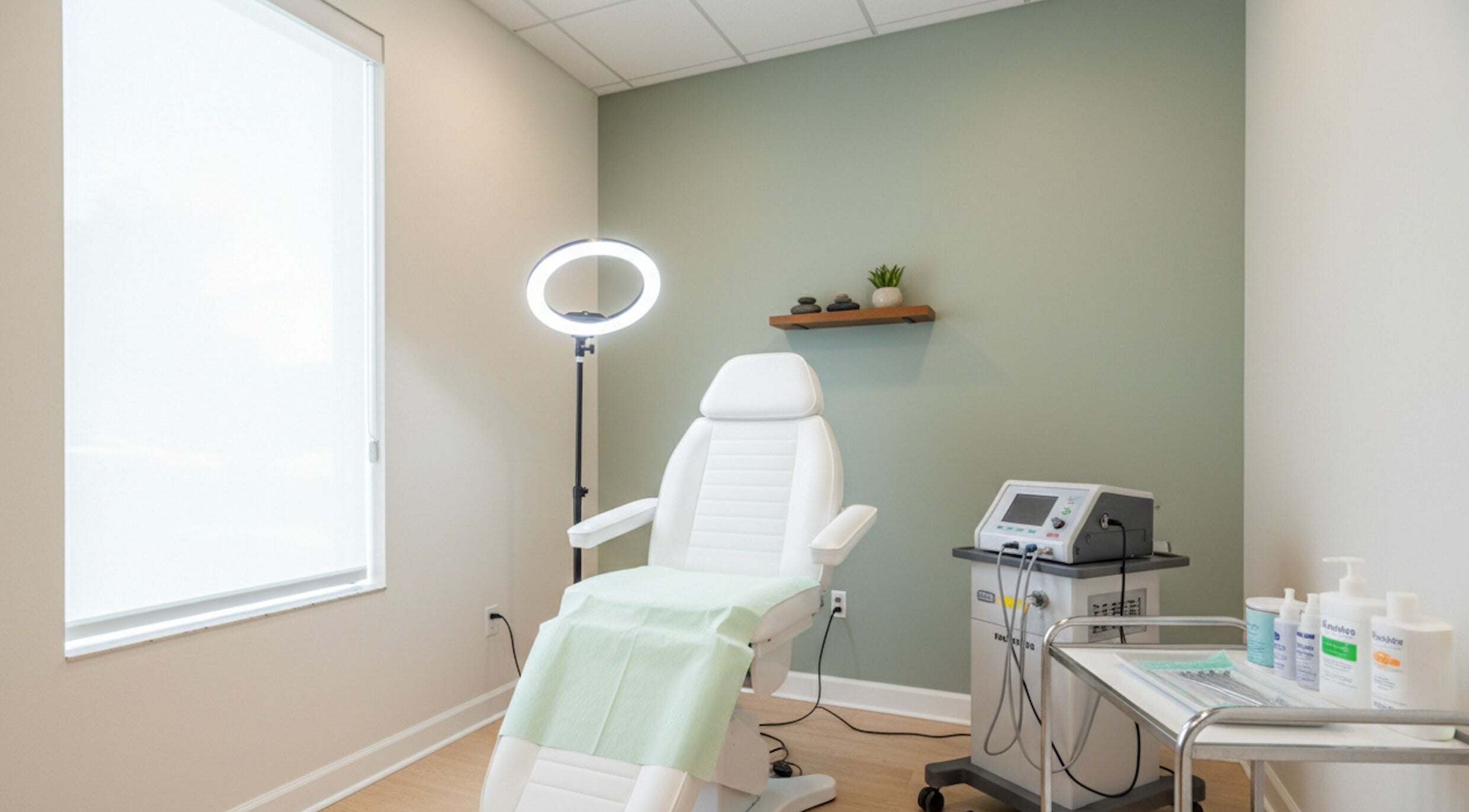 Modern electrology room at Epic Electrology, Roseville, California, US, featuring advanced treatment chair and equipment.