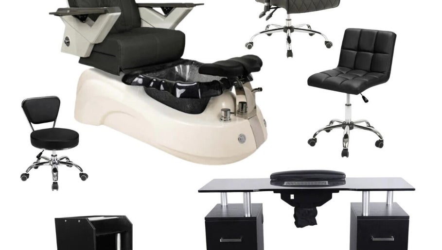Modern spa furniture at Lilys, Peru, Indiana, US. Features pedicure chair, stools, and manicure station.