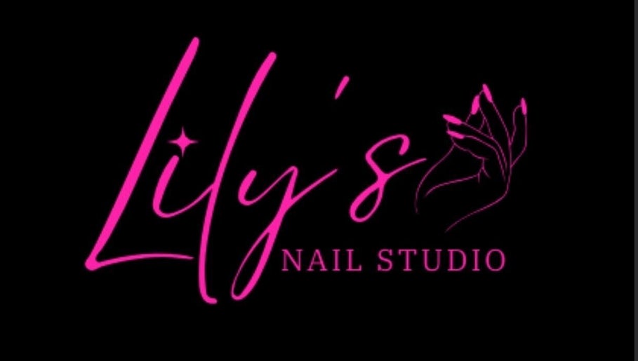 Logo of Lily's Nail Studio, vibrant pink text and hand design in Peru, Indiana, US.