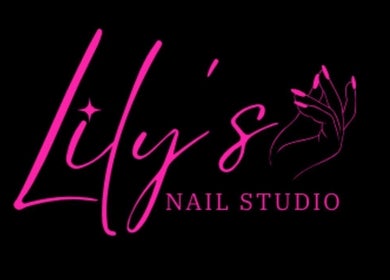 Logo of Lily's Nail Studio, vibrant pink text and hand design in Peru, Indiana, US.