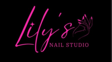 Logo of Lily's Nail Studio, vibrant pink text and hand design in Peru, Indiana, US.