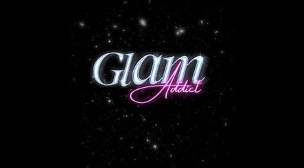 Logo for GlamAddict beauty venue in Bridgetown, Saint Michael, BB, featuring a glowing neon design on a starry backdrop.