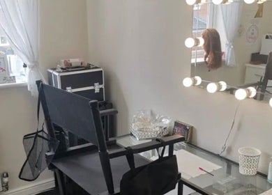 Makeup station with lights at Tysbeautysalon, Bridgetown, Saint Michael, BB. Perfect for beauty services.