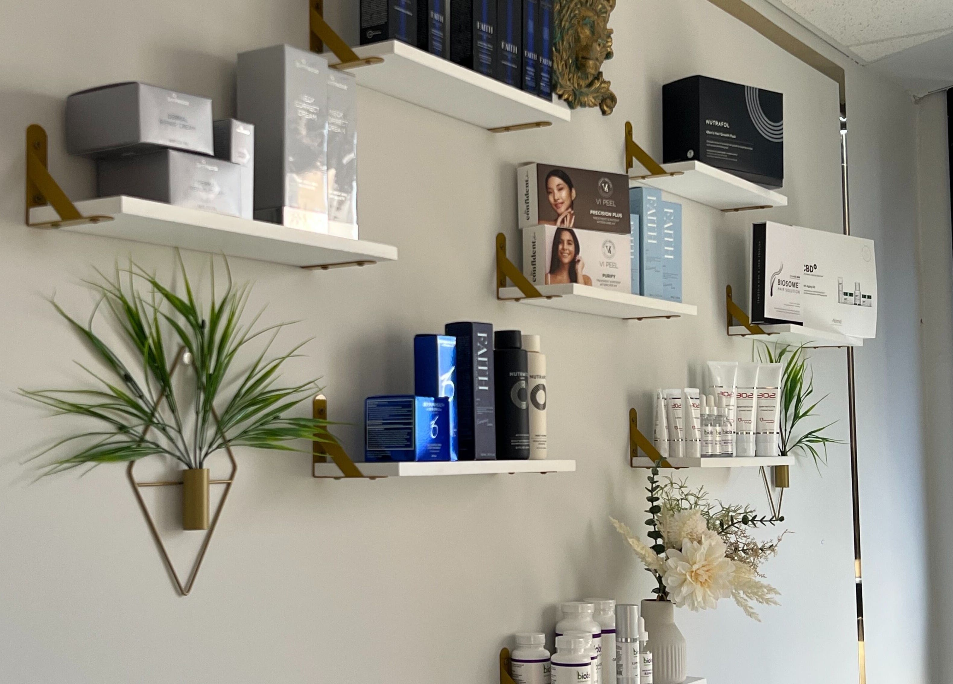 Product shelves at Nova Vue Medical Spa Aesthetics in New York, New York, US showcasing skincare and beauty items.