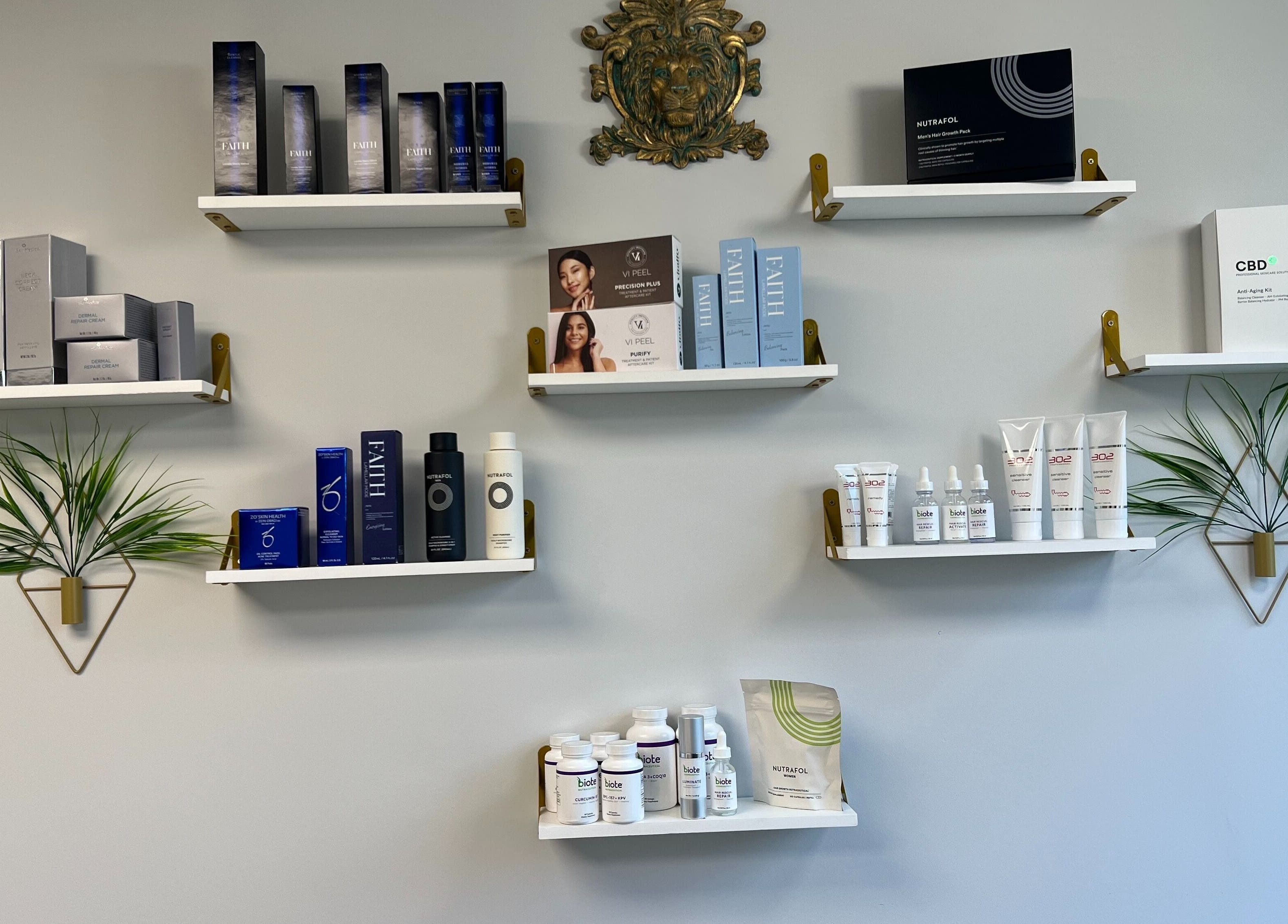 Product display at Nova Vue Medical Spa Aesthetics, New York, featuring skincare on elegant white shelves.