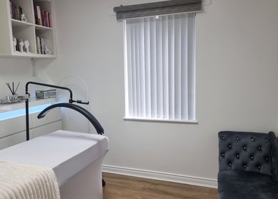 Calm treatment room at Lash & Brow London, London, England, GB, featuring cozy decor and aesthetic tools.