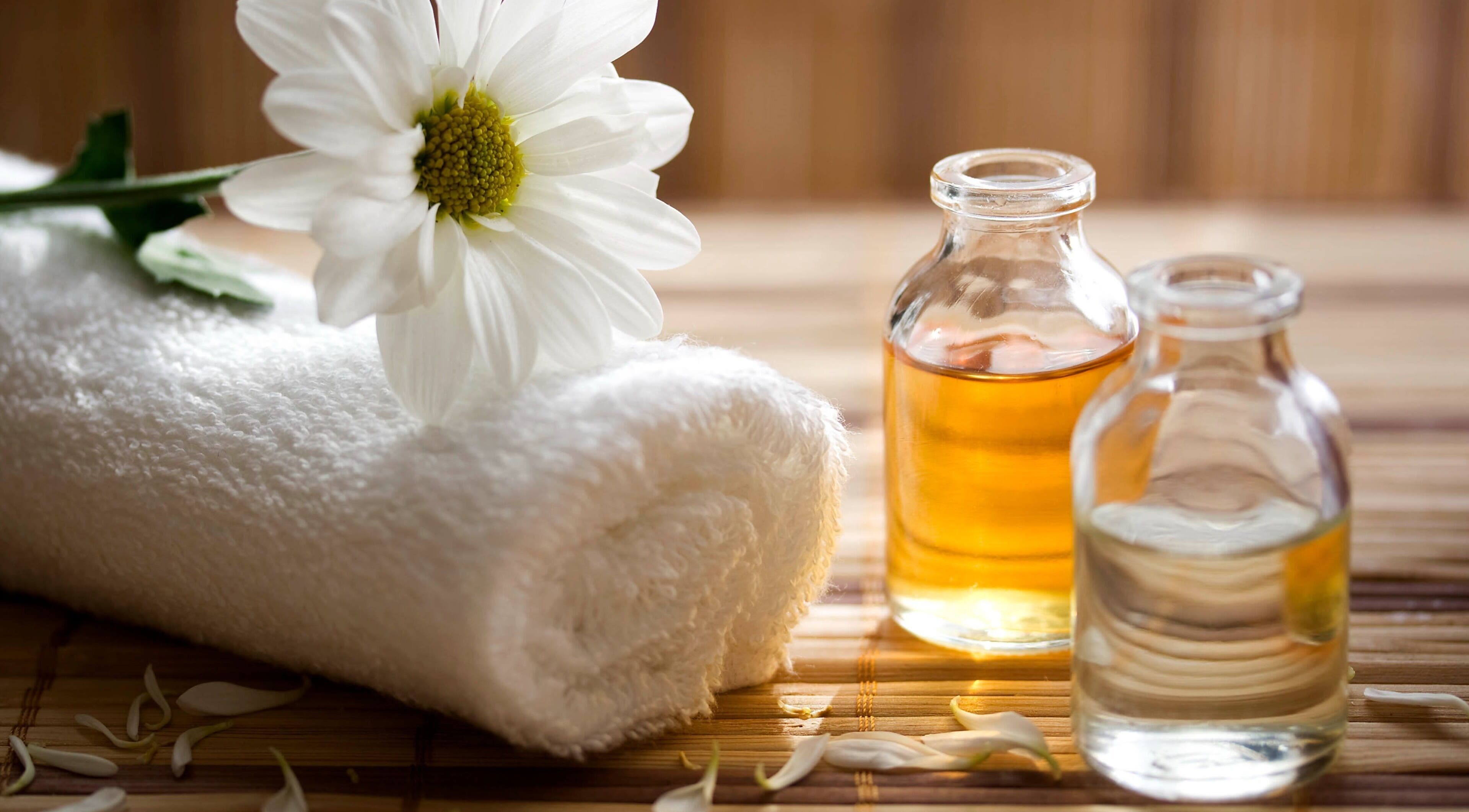 Aromatic oils and towel at Relaxation Spa Station, Cresskill, New Jersey, US.