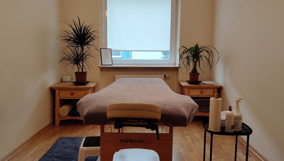 Pokój masażu w Relaxation Massage w Gdańsku, Województwo Pomorskie, PL z roślinami i łóżkiem.