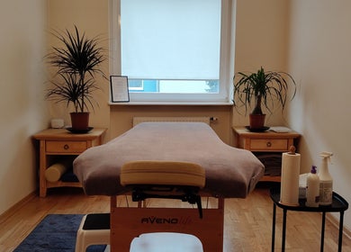 Pokój masażu w Relaxation Massage w Gdańsku, Województwo Pomorskie, PL z roślinami i łóżkiem.