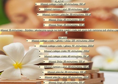 Cennik masaży w Relaxation Massage, Gdańsk, Województwo Pomorskie, PL. Widoczna biała plumeria i świeca.