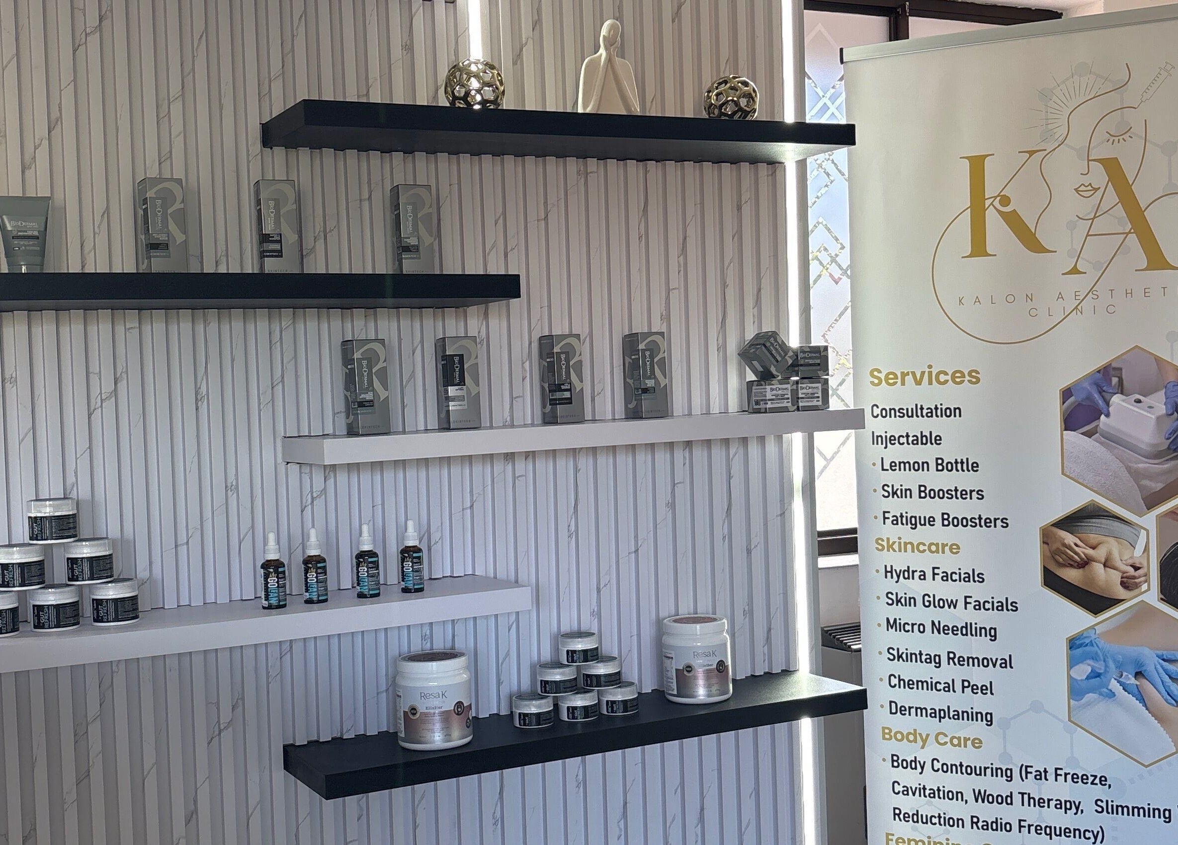 Product shelves at Kalon Aesthetics Clinic, Midrand, Gauteng, ZA showcase beauty treatments and skincare lines.