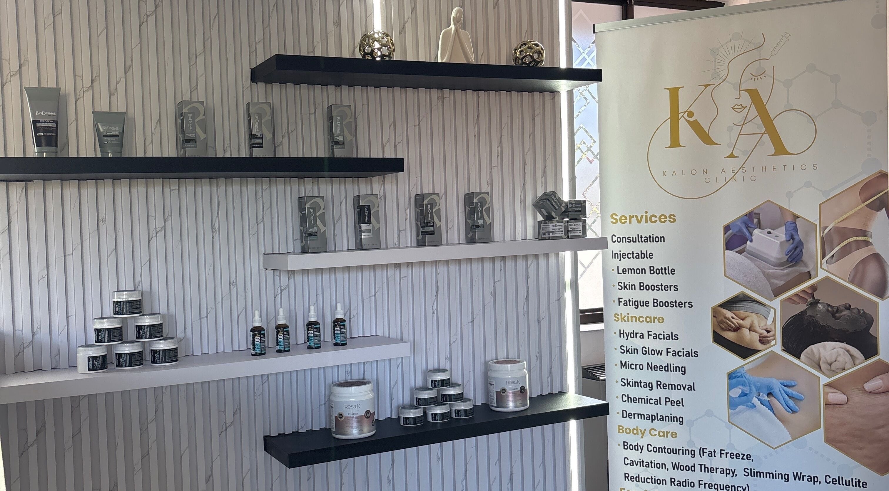 Product shelves at Kalon Aesthetics Clinic, Midrand, Gauteng, ZA showcase beauty treatments and skincare lines.