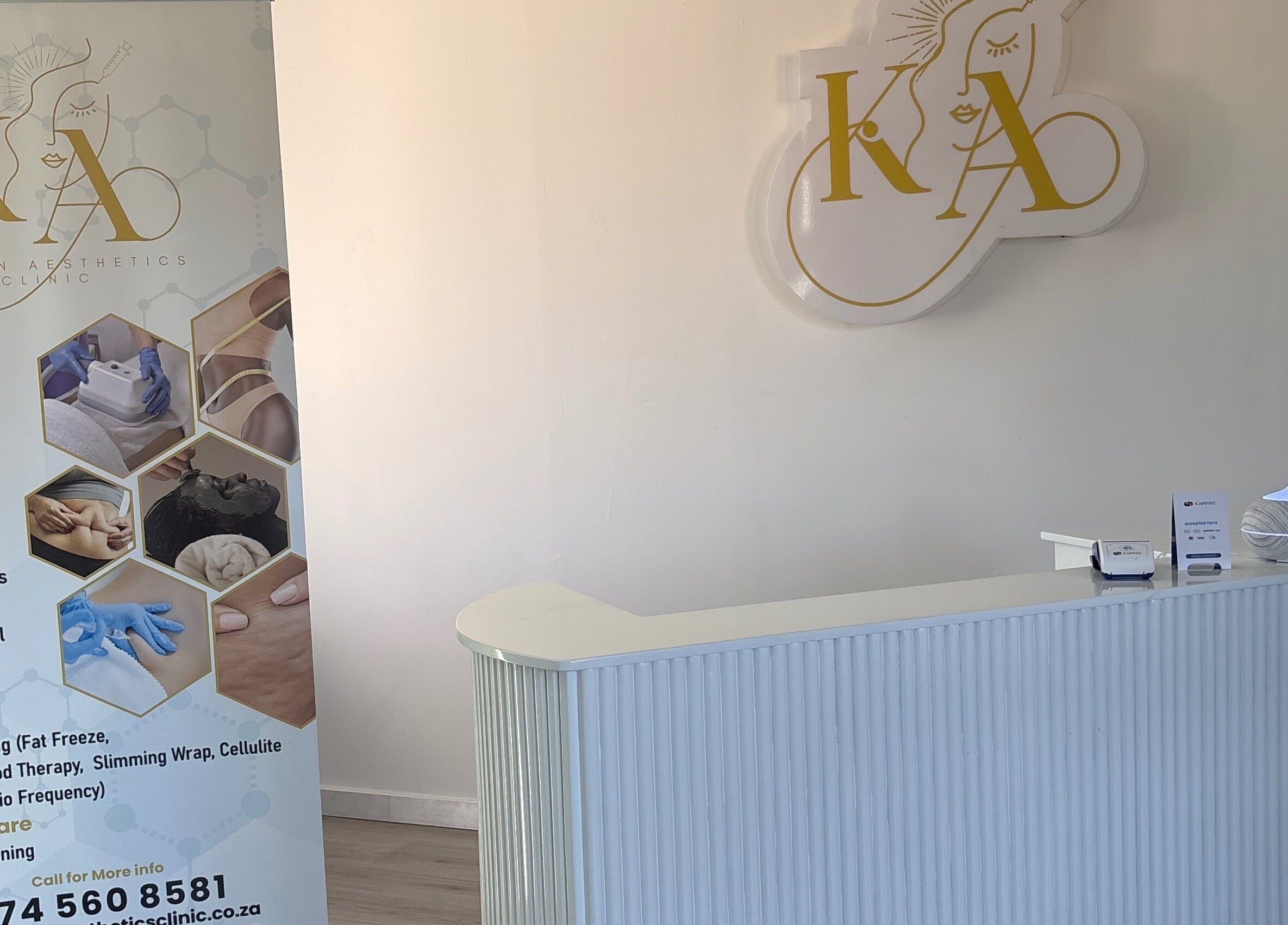 Reception at Kalon Aesthetics Clinic, Midrand, Gauteng, ZA showcasing services and modern decor.