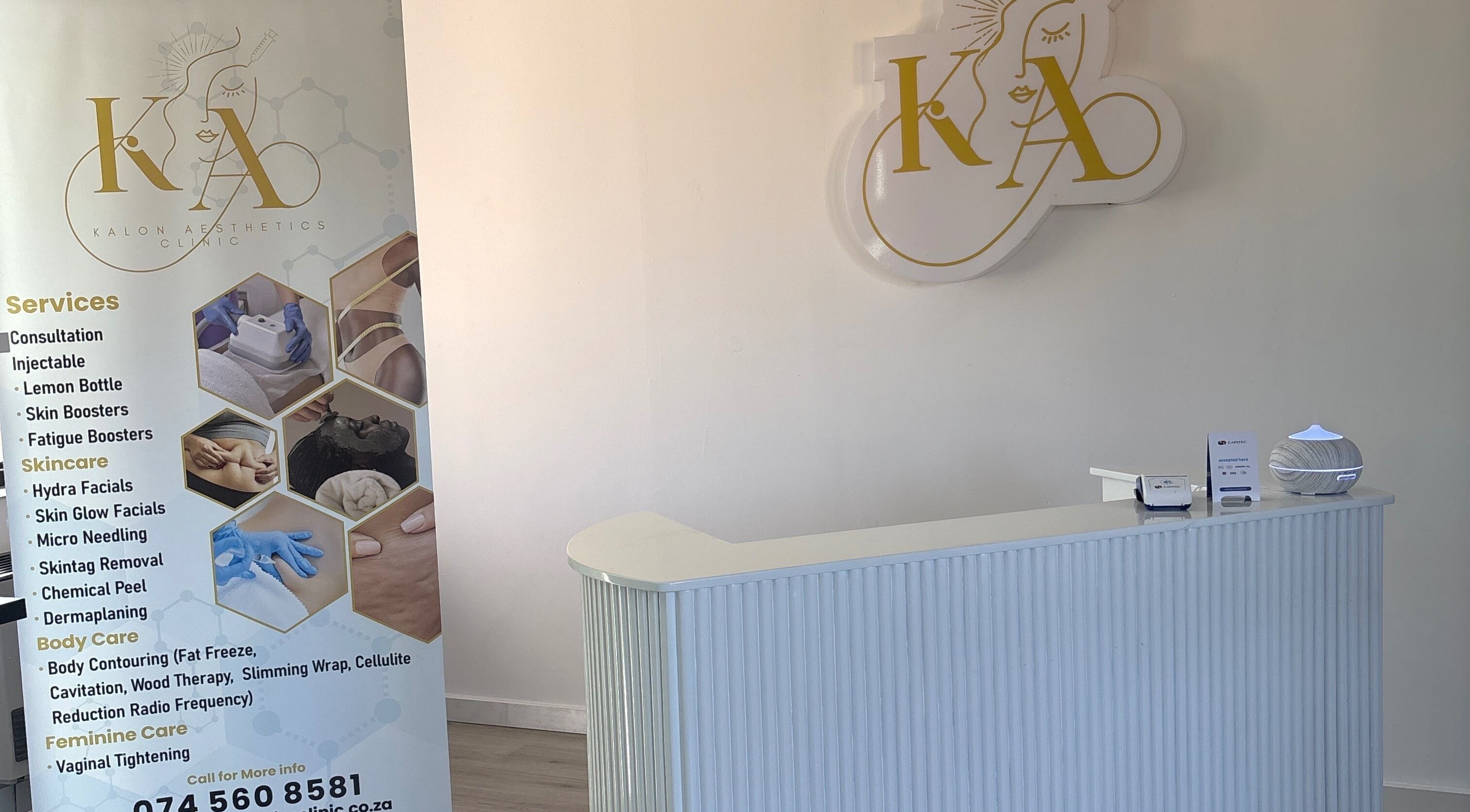 Reception at Kalon Aesthetics Clinic, Midrand, Gauteng, ZA showcasing services and modern decor.