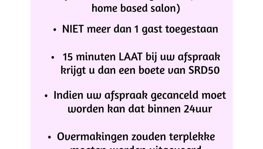 Salonbeleid bij DreamyNails.SR in Paramaribo, SR. Beperking van gasten en annuleringstijden.