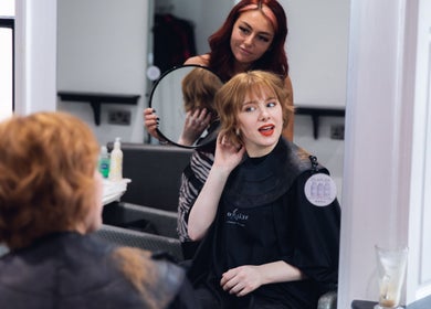 Stylist reveals stunning hairstyle at Prestige Salon, Lancaster, England, GB.