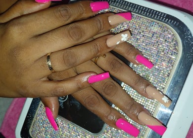 Stylish pink and nude nail art with floral design by Nailedbylee, Junction, St. Elizabeth Parish, JM.