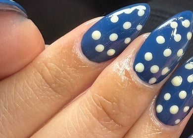 Blue nails with white polka dots at ND Nails, Melbourne, Victoria, AU.