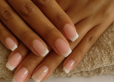 Classic French manicure from Tips & Nails by Lee in Cape Town, ZA. Perfectly polished nails on a soft towel.