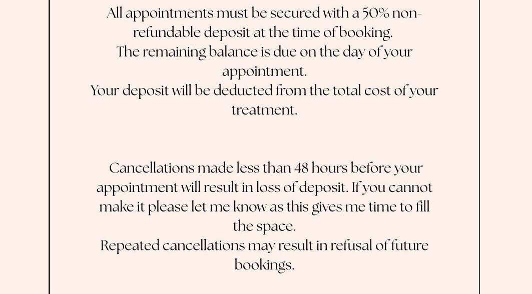 LF Beautyy deposit and cancellation policy in Dundonald, Northern Ireland, GB.